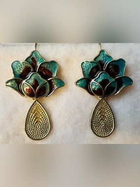 Lotus Cloissone Gold-Tone Floral Drop Earrings in Teal and Maroon - Unbranded